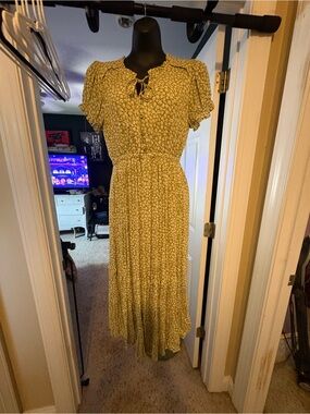 Floral Tie-Front Midi Dress in Mustard Yellow
